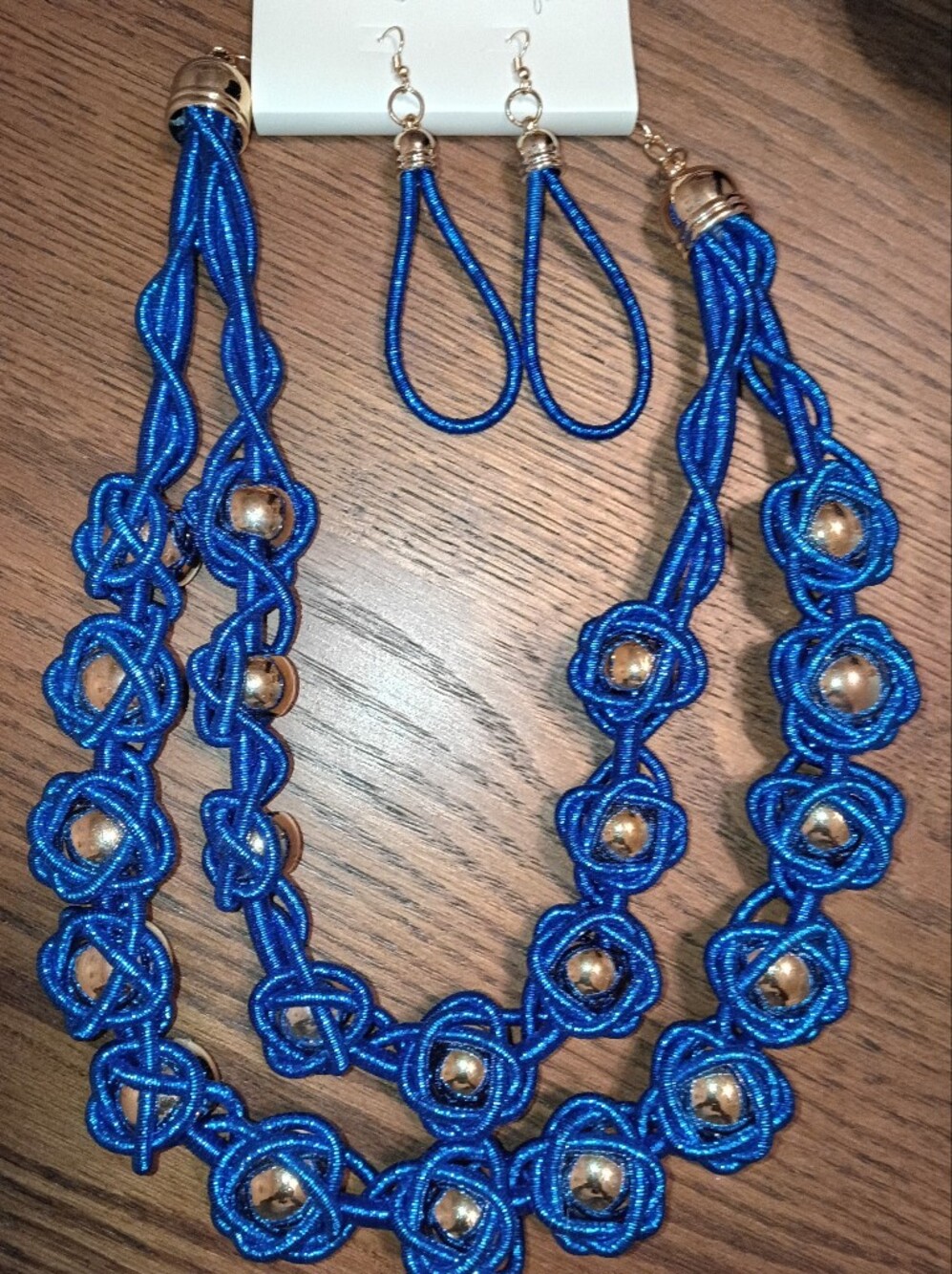 Blue Braided Rope Necklace & Earrings Set with Gold Accents - Unbranded